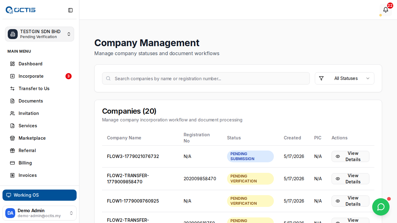 Step 1: Admin companies list