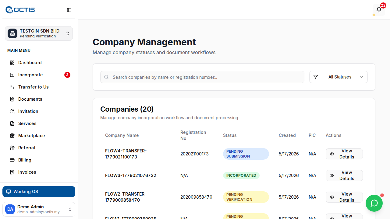 Step 1: Admin companies list